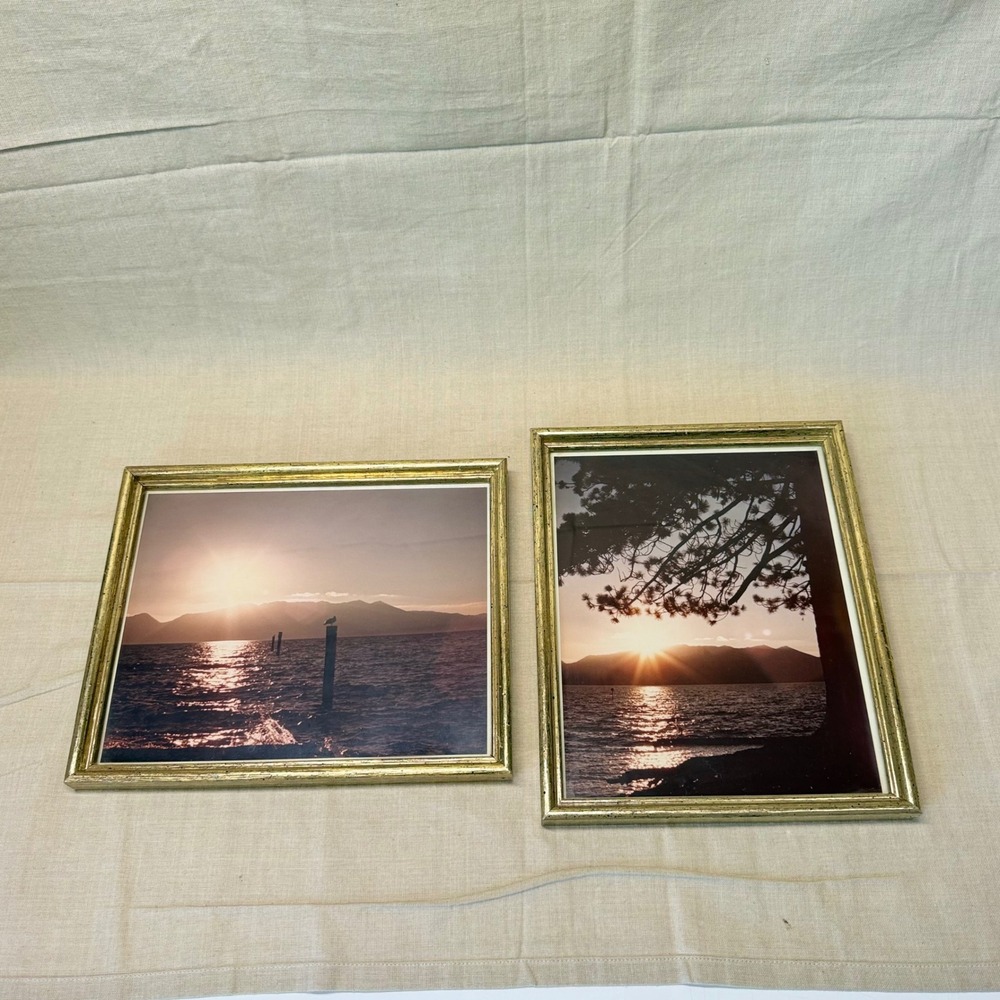Vintage Framed‎ Sunset Photography Pair Gold Tone Frames Wall Decor 1980s - Picture 2 of 11